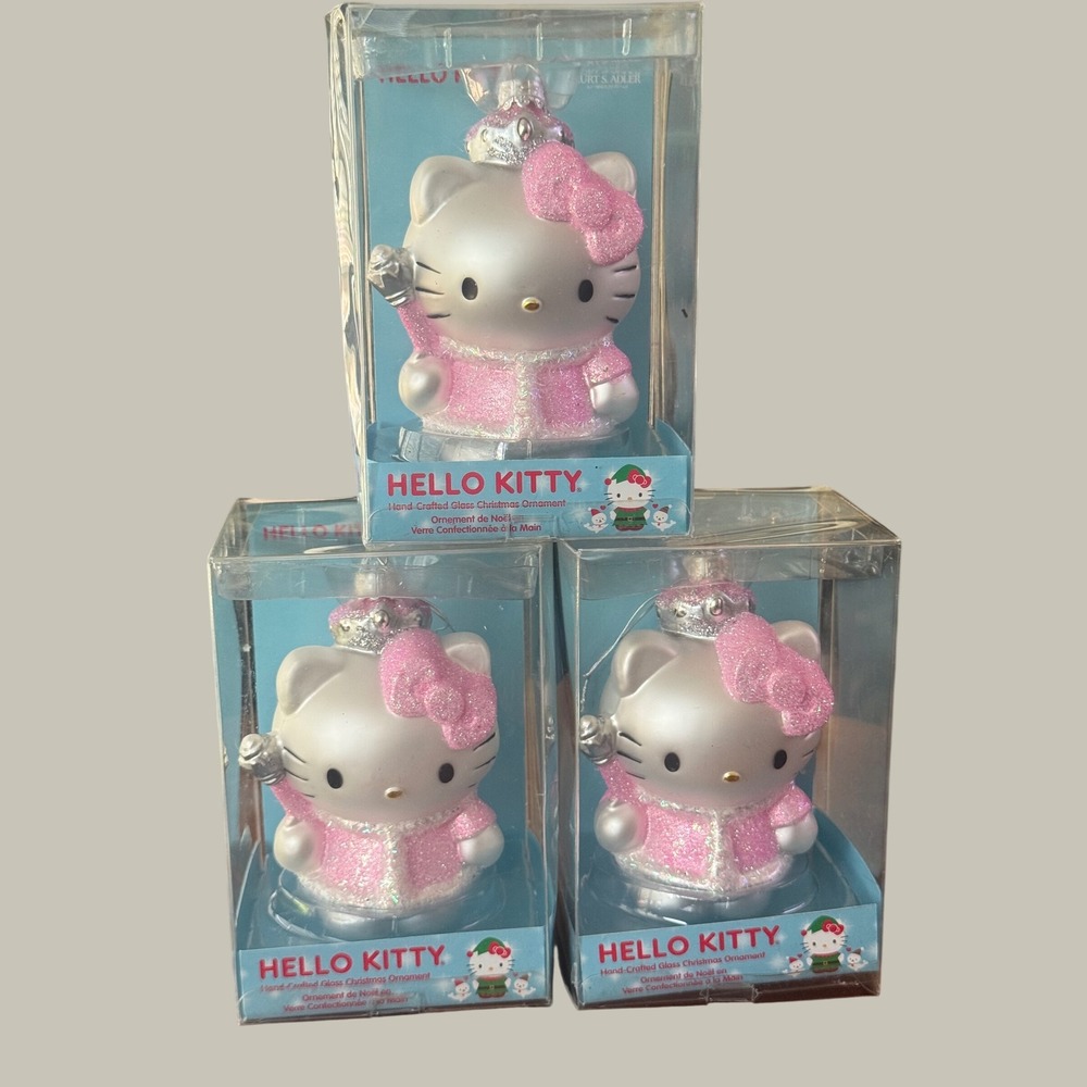 3 Hello Kitty Kurt Adler Glass Xmas 2012 Ornaments Princess Pink Glitter HK4102